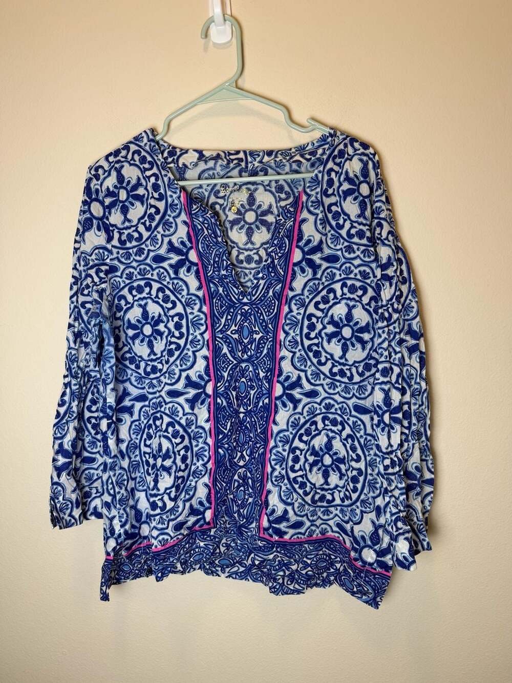 Lilly Pulitzer V-Neck Tunic Size XL Blue White Print Cotton